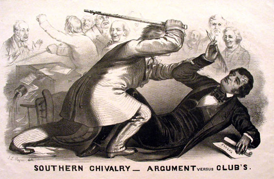 A man with a cane beats a prostrate man who holds a quill pen in his right hand and a scroll in his left. The caption reads, Southern chivalry. Arguments versus clubs.