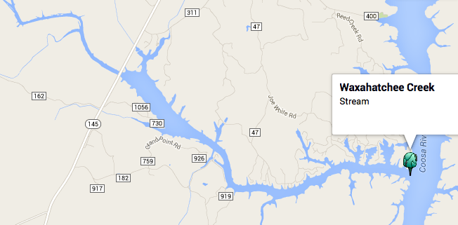 Locator map, Waxahatchee Creek (Map data ©2014 by Google)